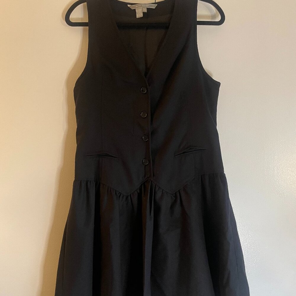 Zara Blazer Dress Vest Black Button Up Sleeveless Mini Academia Size Medium